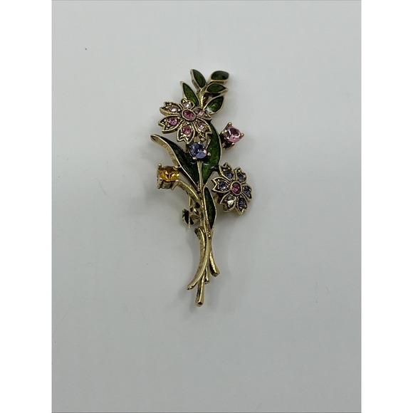 Brooch Pin flowers multicolor enamel w rhinestones Goldtone 2.25" - Picture 2 of 7